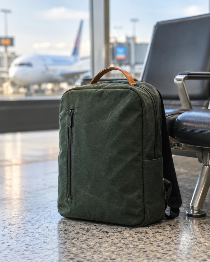 Bärig's ad photo: a pine-green waxed-canvas backpack with a tan leather handle on an airport gate floor