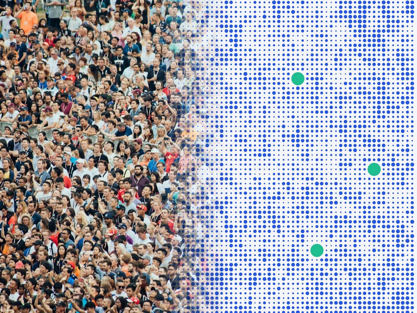 A real crowd on the left dissolving into a field of blue dots on the right, the crowd recreated; three dots turn mint and react