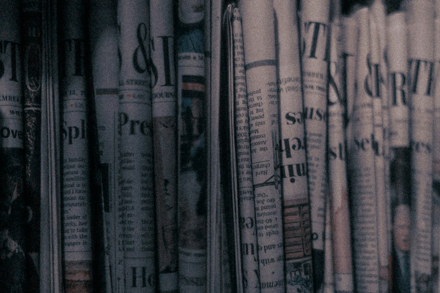 A row of newspapers on a shelf