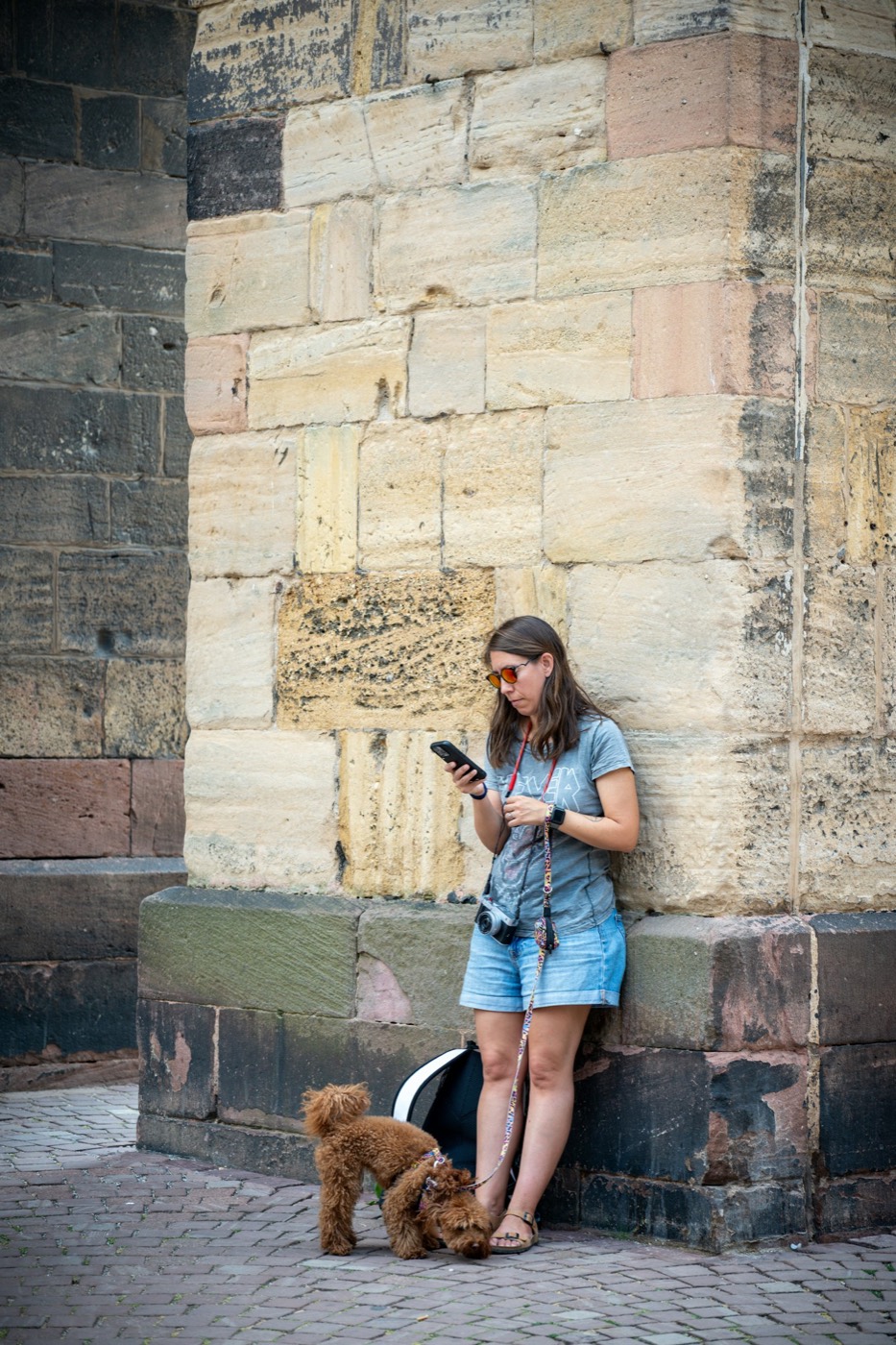 A woman checking her phone beside her poodle